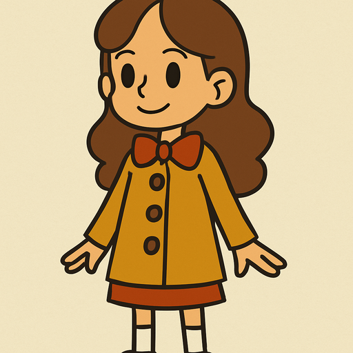 Cute little10yo girl brown hair in professor Layton game style.
In-Game asset.  2d.  High contrast.  No shadows