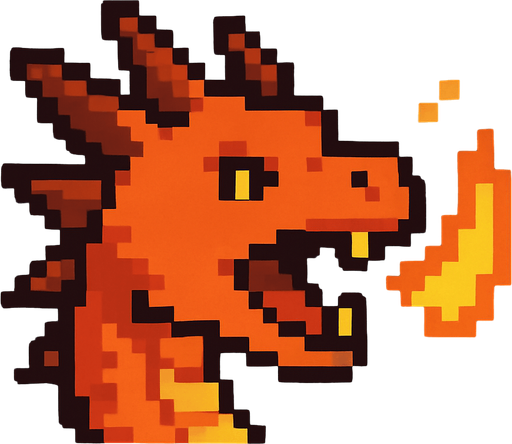 A small pixel art dragon head viewed from the side, mouth slightly open as if letting out a small roar. Glowing embers or a little flame is coming out of its mouth to symbolize that sound is on. The style is cute and retro, matching a fantasy-themed 2D game UI icon..
In-Game asset.  2d.  High contrast.  No shadows. pixel art. side view. cute. fantasy. retro. flame. icon. dragon