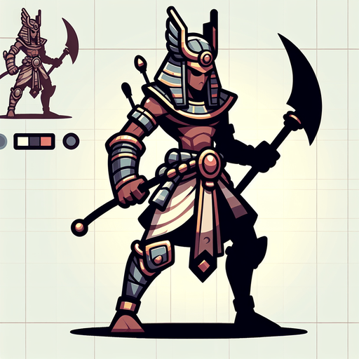 An animated image of an egyptian warrior.
Single Game Texture. In-Game asset. 2d. Blank background. High contrast. No shadows.