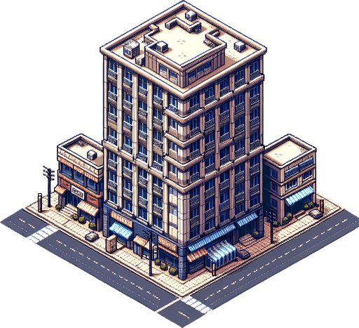 top down view of building.
Single Game Texture.  In-Game asset.  2d.  Blank background.  High contrast.  No shadows