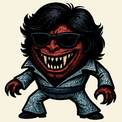 un demonio bola ultra realista con una peluca y traje de bailarin con lentes de sol y una sonrisa con colmillos afilados.
In-Game asset.  2d.  High contrast.  No shadows