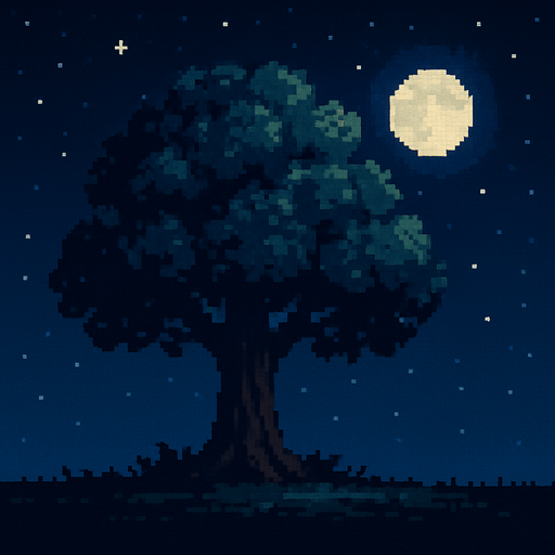 Pixel art de árbol pero de noche.
In-Game asset.  2d.  High contrast.  No shadows