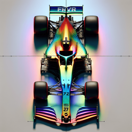 Full-length F1 concept race car IN TOP VIEW! 
Rainbow coloured Gradient paint on body. "FRVR" text..
Single Game Texture. In-Game asset. 2d. Blank background. High contrast. No shadows.