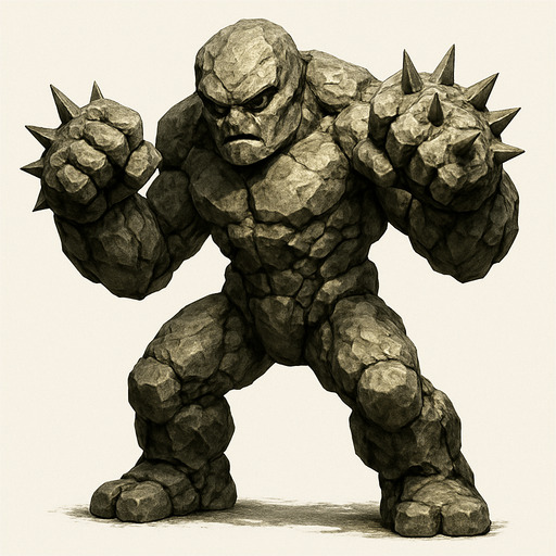 un golem de piedra listo para pelear con puños con puas ultra realista.
In-Game asset.  2d.  High contrast.  No shadows