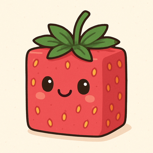 Perfectly square bright rose red stawberry with cute happyy face. Cartoon style. Cute art style. Simple vector style. 2d