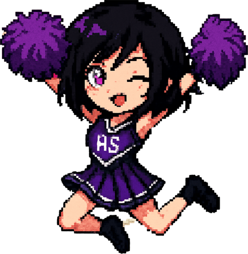 A cute anime-style girl rendered in pixel art, with an emo aesthetic and striking purple eyes, is wearing a high school cheerleader uniform and holding pom-poms in both hands. With her arms and legs extended in a dynamic pose, she winks playfully while cheering. The background is an American football field.