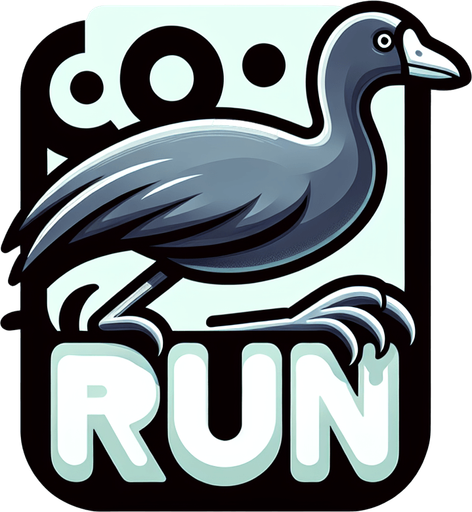 Game icon for a video game called “Coot Run”. Show an American Coot with its wings up and its foot big in the foreground. Show the name of the game big in the center with the coots foot underneath..
Single Game Texture. In-Game asset. 2d. Blank background. High contrast. No shadows.