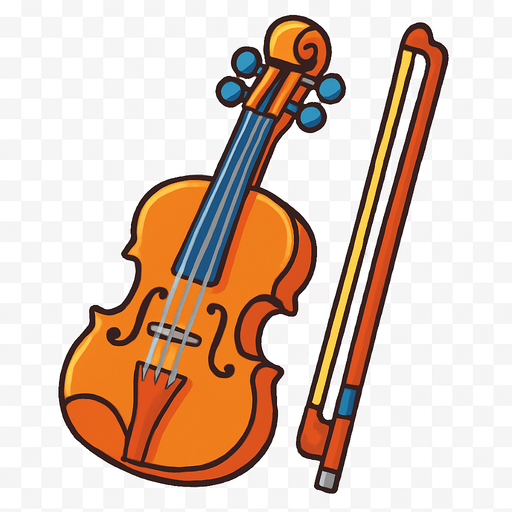 A colorful, cartoon-style 2D illustration of a classical violin with a bow beside it. The body should be rich brown with visible strings, pegs, and f-holes. Designed with soft shadows and rounded edges for use in a kids’ music game. Export as a transparent rounded background PNG..
In-Game asset.  2d.  High contrast.  No shadows