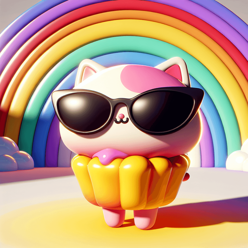 The character is a delightful Nyan Cat,with a cartoon-style essence while adopting the iconic features of this internet sensation. Its face remains round and expressive, hidden behind oversized, round, dark opaque sunglasses, giving it a mysterious yet endearing look. The transformation is most notable in its body, which now takes on the appearance of a colorful pop-tart, blending whimsy with sweetness. This unique body, smaller in proportion to its playful head, maintains the character's cute, chubby charm. Adding to its magical allure, a vibrant rainbow trail extends from behind, symbolizing its journey through the digital cosmos. The Nyan Cat's paws are positioned comfortably in front, suggesting a relaxed flight posture as it glides across the screen. This new rendition, combining the original cat's casual charm with the fantastical elements of Nyan Cat, creates a perfect mascot for both whimsical children's content and digital platforms looking to capture the heartwarming joy of internet culture..
Single Game Texture. In-Game asset. 2d. Blank background. High contrast. No shadows.