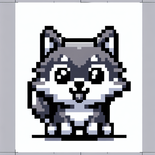 Wolf puppy 8-bit character cute and adorable.
Single Game Texture. In-Game asset. 2d. Blank background. High contrast. No shadows.