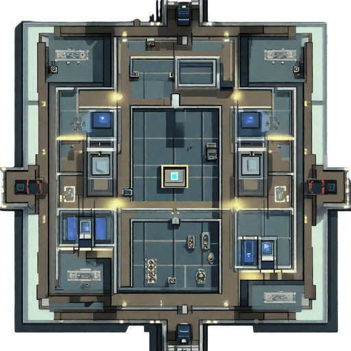 A futuristic, top-down 2D game room featuring a minimalist industrial design. The room should have four distinct doorways at cardinal directions (up, down, left, and right). Each doorway should blend seamlessly into the room's aesthetic, with metallic frames and subtle glowing edges to indicate navigability. The room maintains its clean, tiled walls and floor, accented with industrial details like exposed pipes, vents, and panels. Lighting is ambient, with a mix of warm tones near the top and cooler tones along the walls. The overall theme is a high-tech but slightly weathered environment, ready for player navigation. No background. Transparent background. Blank background. No shadows. 2d. In-Game asset. flat
