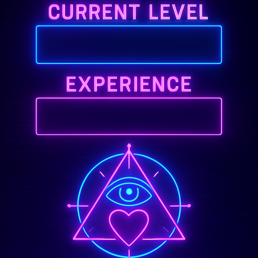 Neon cyberpunk experience menu form blank boxes labeled space for current level, experience gained, flat 2d 3d hologram glowing futuristic occult sigil heart eye triangle circle magick