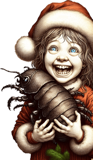 a pergament of a happy girl. she got a big fat slimy bug as chrismas present. There is the text: "If you find a bug, you cam write me a message on Discord FRVR. - Sasbe"