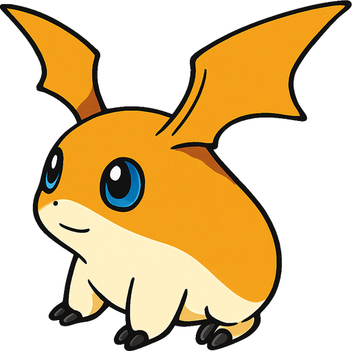 Patamon viendo a la derecha, perspectiva isometrica.
In-Game asset.  2d.  High contrast.  No shadows