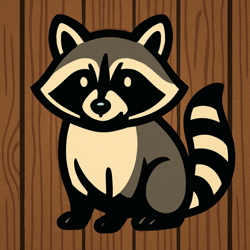 Racoon image with wooden background.
In-Game asset.  2d.  High contrast.  No shadows