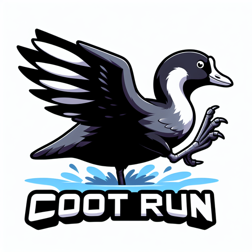 Game icon for a video game called “Coot Run”. Show an American Coot with its wings up and its foot big in the foreground. Show the name of the game big in the center with the coots foot underneath..
Single Game Texture. In-Game asset. 2d. Blank background. High contrast. No shadows.