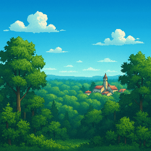 16 bit image langit biru cerah, daerah hutan luas, di kejauhan ada pedesaaan sederhana. suasana pagi hari langit biru.
In-Game asset.  2d.
