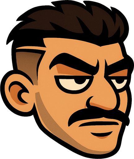 Cartoon-style head of a “keko” character inspired by Turkish street culture. The sides of his hair are shaved short, and the top is longer with volume. A clear razor line is cut into the left side of his hair. He has a thin mustache, thick eyebrows, and half-closed, confident eyes. His expression is bold and slightly smug. Skin tone is tan or medium. Facial features are sharp and masculine. The style is cartoonish, not realistic. The background is simple to keep focus on the head. The head is slightly tilted forward, as if flying like in Flappy Bird. Add a playful but tough street vibe..
In-Game asset.  2d.  High contrast.  No shadows