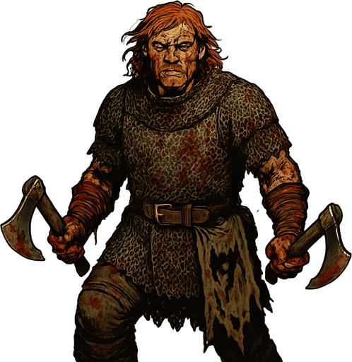 A brutal mercenary captain in blood-stained chainmail, wielding twin axes. Male, 40 years old, muscular and wild, shoulder-length red hair, fiery amber eyes, freckled and scarred face. A severed banner tied to his belt, his hands wrapped in bloodied leather. He stands amidst fallen enemies in a smoky battlefield. Realistic, highly detailed, brutal war setting. realistic.
In-Game asset.  2d.  High contrast.  No shadows