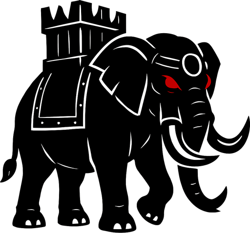 Black war elephant with red eyes.
In-Game asset.  2d.  High contrast.  No shadows