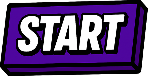 A bold comic-style rectangular button labeled 'Start' in capital white letters. The button has sharp edges with thick black outlines and a deep purple fill. Style mimics classic graphic novel UI — solid, punchy, and energetic. No background, transparent PNG.
In-Game asset.  2d.  High contrast.  No shadows