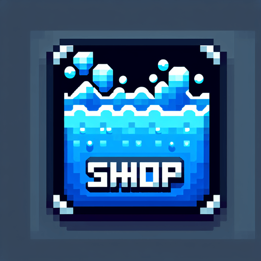 Water themed gui icon that has the text "Shop" on it. 8-bit art style..
Single Game Texture. In-Game asset. 2d. Blank background. High contrast. No shadows.