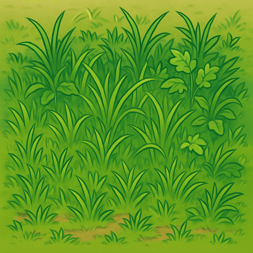 Junglee grass ground which is a bit overgrown.
In-Game asset.  2d.  High contrast.  No shadows
