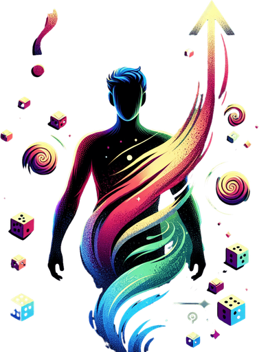 A silhouette of the hero glitching or flickering between different colors or slightly different forms. Could also be an upward arrow surrounded by swirling question marks or dice symbols..
Single Game Texture.  In-Game asset.  2d.  Blank background.  High contrast.  No shadows