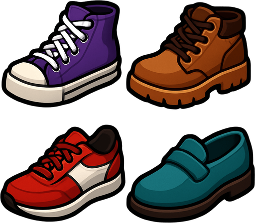 Pack of different shoes.
In-Game asset.  High contrast.  No shadows. 3D
