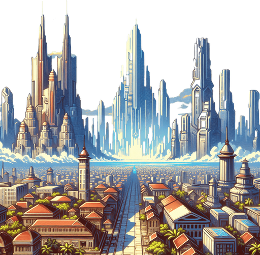 quite empty blue sky day 2D fantasy scifi future majapahit kingdom metro city skycraper
Single Game Texture.  In-Game asset.  2d.  Blank background.  High contrast.  No shadows