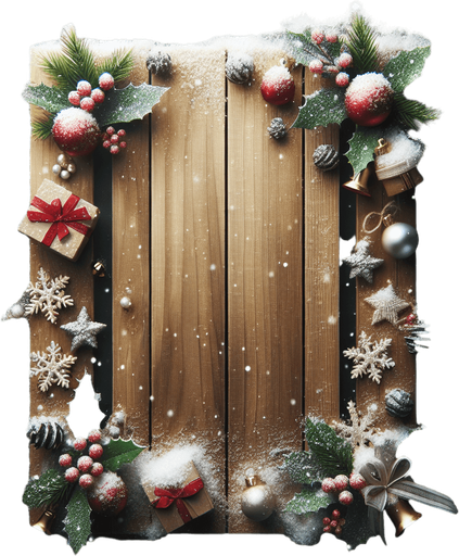 a vertical christmas wooden board with snow, and decorations on its sides Background image. High contrast. No shadows.
