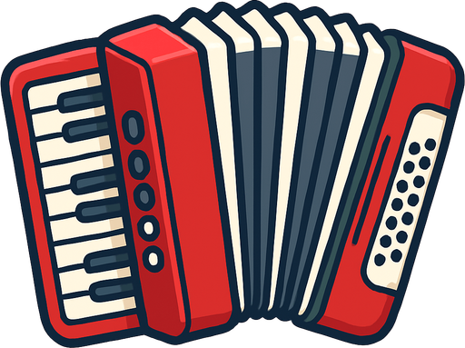 A clean, colorful 2D illustration of a traditional accordion, designed in cartoon or flat vector style. The accordion should have red-and-white or black-and-white bellows, visible keys and buttons, and rounded edges. Add a soft shadow and outline to make it pop against any background. Export as a transparent PNG (no background), suitable for use as a game asset in a mobile quiz game. Size should be square-friendly and visually clear even at small sizes..
In-Game asset.  2d.  High contrast.  No shadows