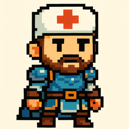 Genera una imagen de un médico guerrero pixel, y que su cabeza sea un poco más grande que el cuerpo. Y que no tenga armas 
In-Game asset.  2d.  High contrast.  No shadows