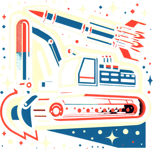 Excavator with 2d tender rockets.
Single Game Texture.  In-Game asset.  2d.  Blank background.  High contrast.  No shadows