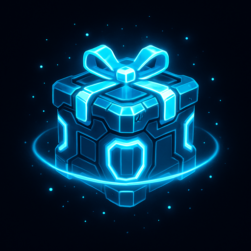 A 2D sci-fi gift box or power-up crate floating in space, with a glowing metallic surface, futuristic design, bright neon blue and silver accents, and a soft pulsing light effect. The box should look valuable and mysterious, slightly levitating with subtle sparkles or energy rings around it. Designed for a top-down space shooter game. Transparent background, digital art, ideal for sprite use..
In-Game asset.  2d.  High contrast.  No shadows