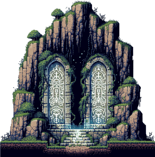 Create an 8-bit pixelated entrance to a mystical cave-like dungeon with two distinct, rugged doorways carved into a mountainside. The scene should have an ancient, mysterious atmosphere, with overgrown vines and faintly glowing symbols etched into the stone..
Single Game Texture. In-Game asset. 2d. Blank background. High contrast. No shadows.