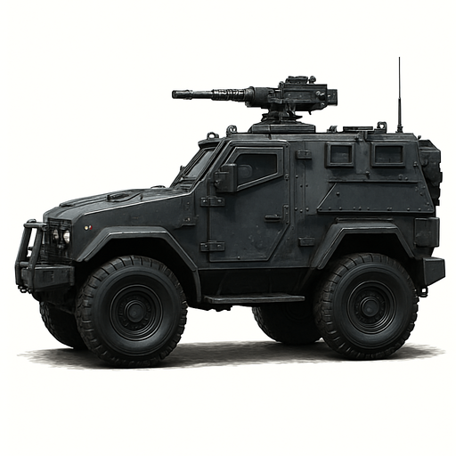 Zırhlı savaş arabası, gerçekçi, yazısız, yandan görümüm.
In-Game asset.  High contrast.  No shadows