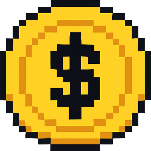 pixel bir coin, üstünde dolar($) işareti var.
In-Game asset.  2d.  High contrast.  No shadows