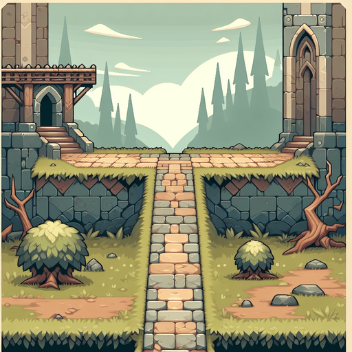 the foregund of a horizontally scrolling game, where the player walks sideways along a path. the color should be muted, fantasy medieval style. the game is a platformer or endless runner game, so everything should be seen from the side..
Single Game Texture. In-Game asset. 2d. Blank background. High contrast. No shadows.