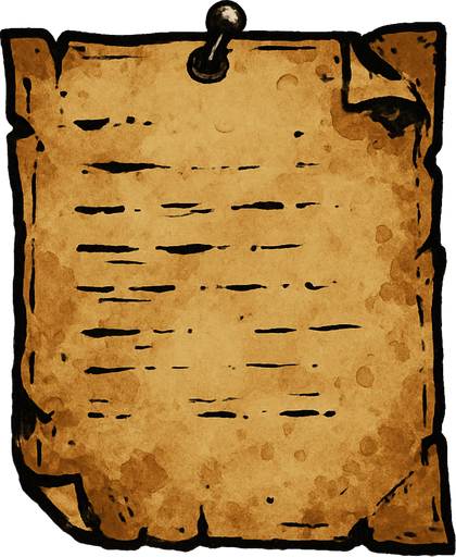 çivi ile duvara asılı hafif yıpranmış parşomen.
In-Game asset.  2d.  High contrast.  No shadows