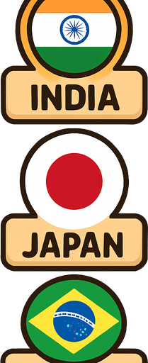 A flat, 2D game UI-style asset showing a vertical set of three country pins labeled: "India", "Japan", and "Brazil". Each pin includes a circular flag icon above the text label. The layout is columnar, cartoonish, and visually clean. Each pin should be exportable or usable individually for a mobile game's level selection screen..
In-Game asset.  2d.  High contrast.  No shadows