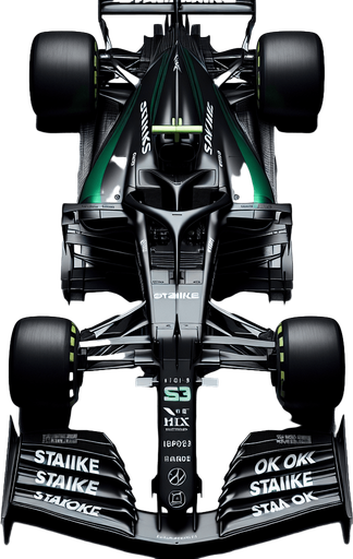 Photorealistic f1 race car, Top view. Black and grassgreen painted body. White "Staike" text on rear wing. OK OK texts on front wing.
