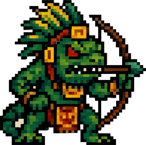 Genérame una Iguana Verde guerrero azteca con eso patrones, estilo pixelar, con una apariencia maligna, ojos rojos, rabioso. Unidad a distancia, con un arco o cerbatana. Animal.
In-Game asset.  2d.  High contrast.  No shadows