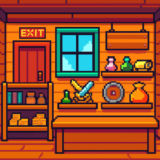 pixel shop background.
In-Game asset.  2d.  High contrast.  No shadows