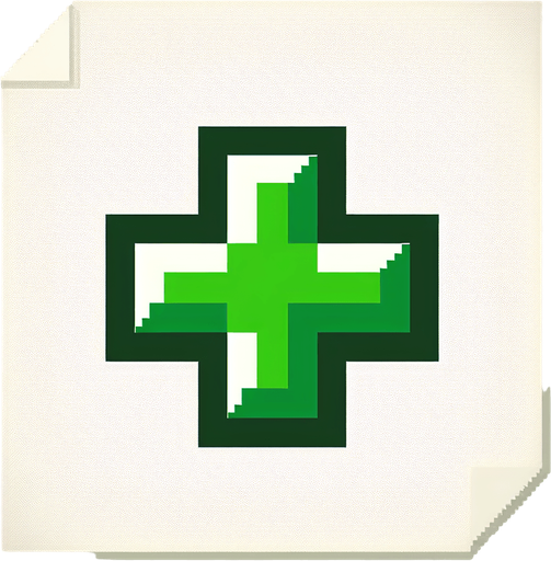 green plus sign. Single Game Texture. In-Game asset. 2d. Blank background. High contrast. No shadows. pixelated. 8 bit