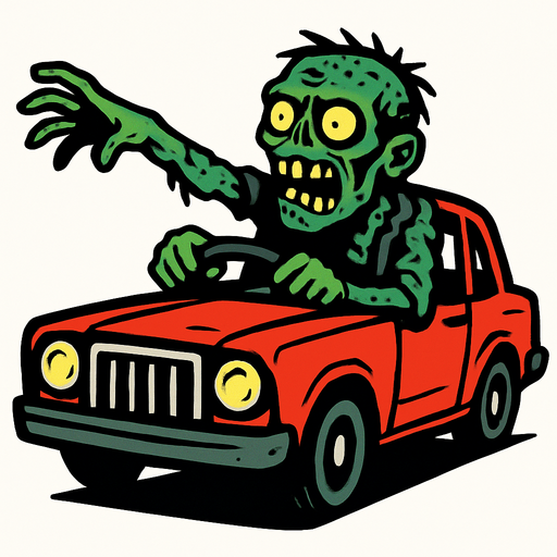 Crea un zombie con un coche.
In-Game asset.  2d.  High contrast.  No shadows