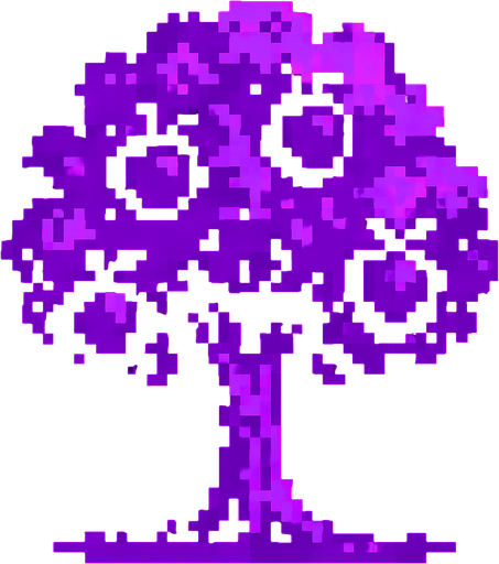 obscurity black purple 8 bits and a fruit tree.
In-Game asset.  2d.  High contrast.  No shadows