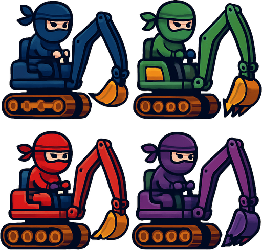 Different frames of a ninja digger, different colors, HD colors.
In-Game asset.  2d.  High contrast.  No shadows
