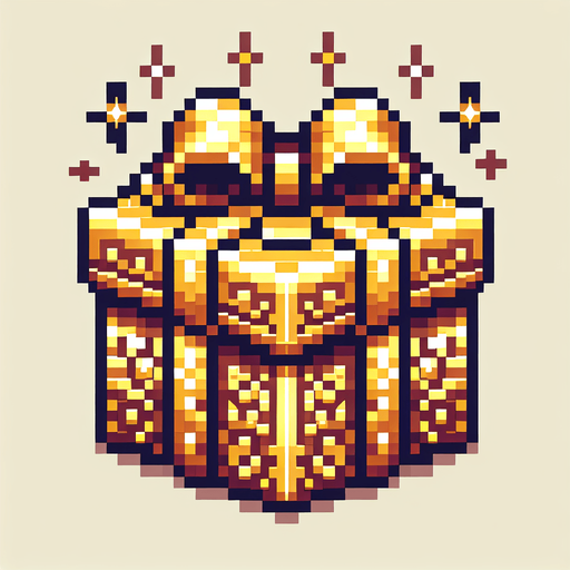 Pixel art of a golden christmas present. Single Game Texture. In-Game asset. 2d. Blank background. High contrast. No shadows.