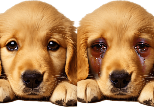 a sad crying golden retriever puppy. lying down. face on front paws. looking at viewer..
Single Game Texture. In-Game asset. 2d. Blank background. High contrast. No shadows.
